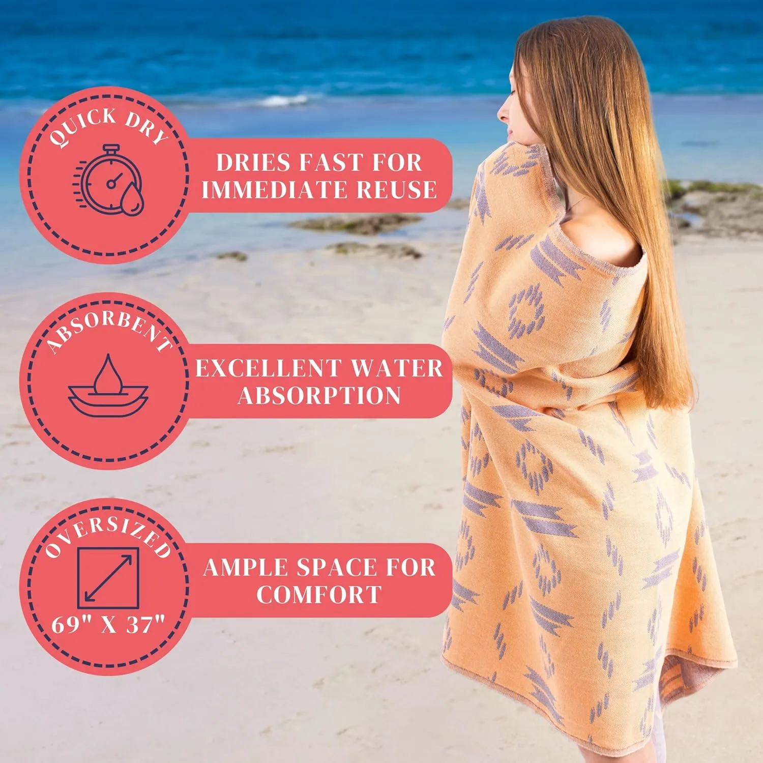 100% Cotton Turkish Beach Towels Oversized Sandproof - Quick Dry Travel Beach Towel for Adults (69 x 37 inch) - Cloud, Sandless, Fast Drying, Lightweight Beach Gifts for Women & Men - Blanket, Wrap