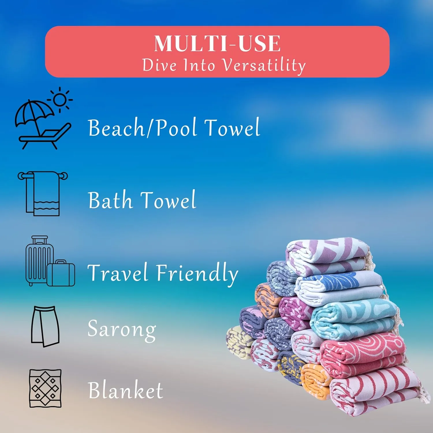 100% Cotton Turkish Beach Towels Oversized Sandproof - Quick Dry Travel Beach Towel for Adults (69 x 37 inch) - Cloud, Sandless, Fast Drying, Lightweight Beach Gifts for Women & Men - Blanket, Wrap