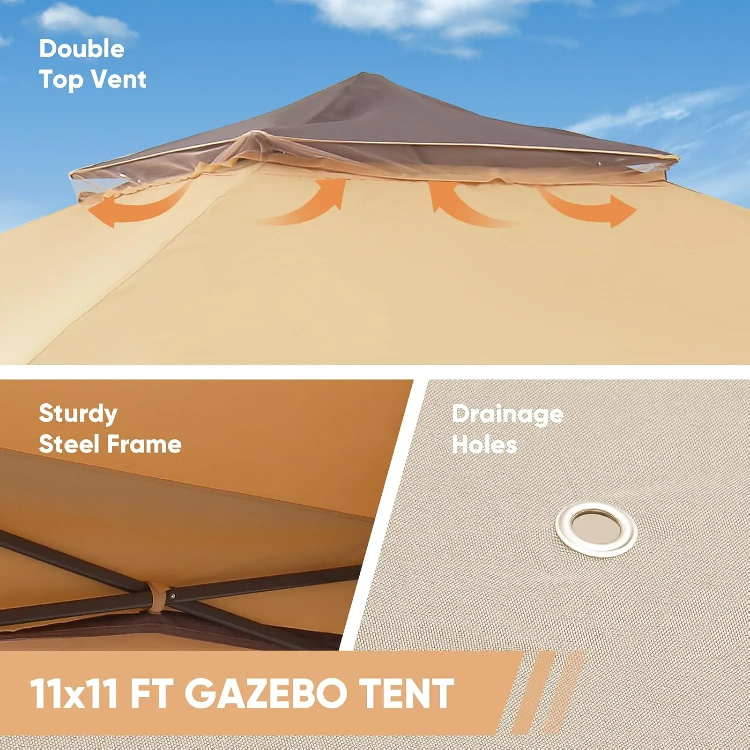 11X11 Ft Gazebo Tent with Mosquito Netting, Folding Heavy Duty Height Adjustable Sun Shelter Gazebos