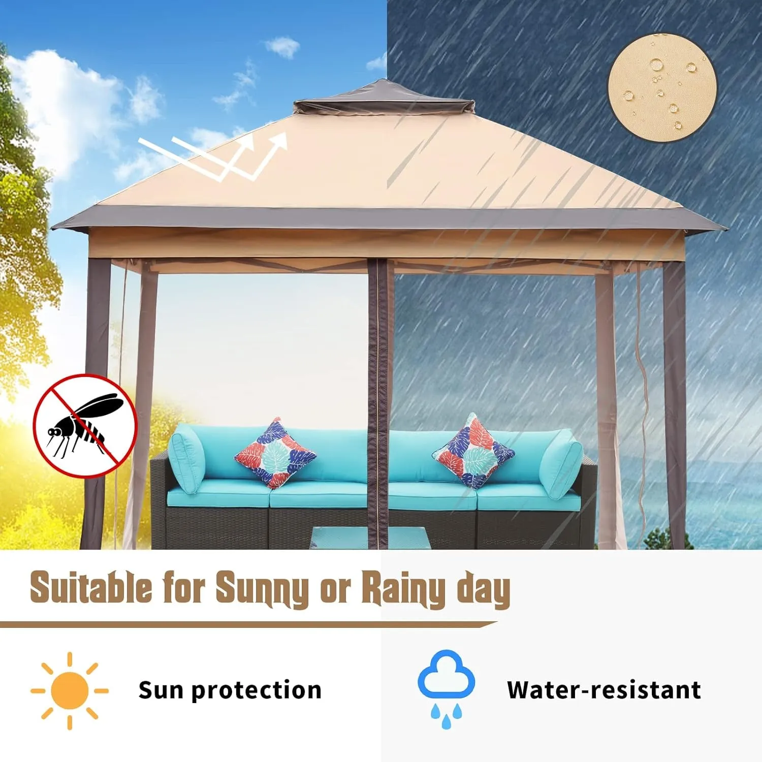 11X11 Ft Gazebo Tent with Mosquito Netting, Folding Heavy Duty Height Adjustable Sun Shelter Gazebos