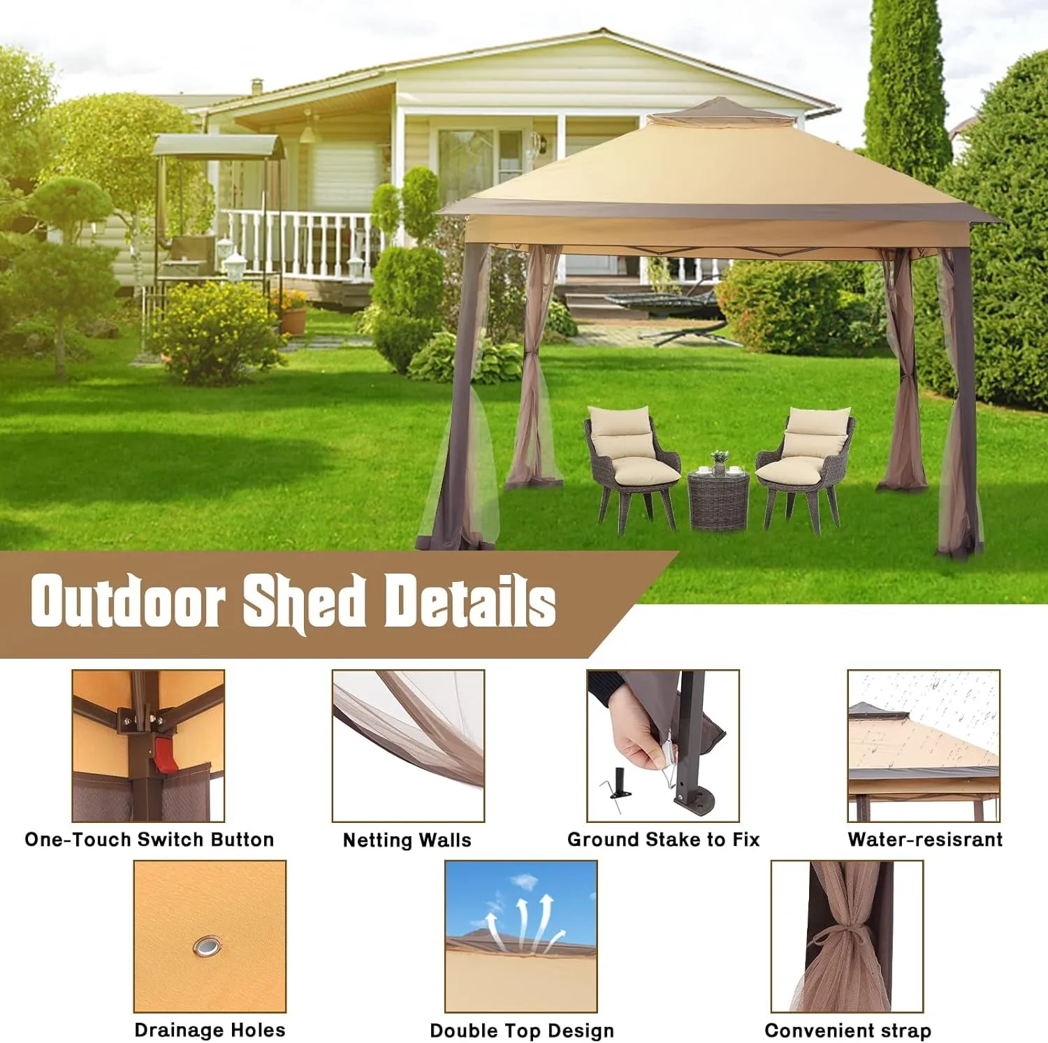 11X11 Ft Gazebo Tent with Mosquito Netting, Folding Heavy Duty Height Adjustable Sun Shelter Gazebos