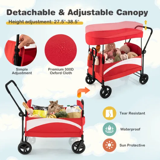 2-Seat Stroller Wagon with Adjustable Canopy and Handles-Red