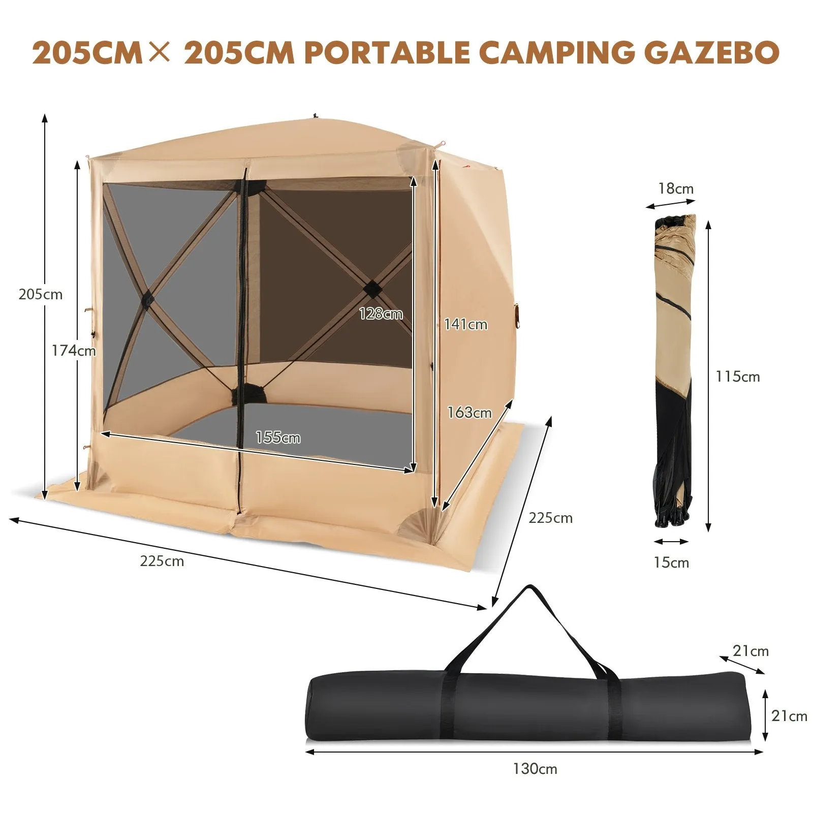 225 cm x 225 cm 4-Panel Pop up Camping Gazebo with Sunshade Cloths-Brown