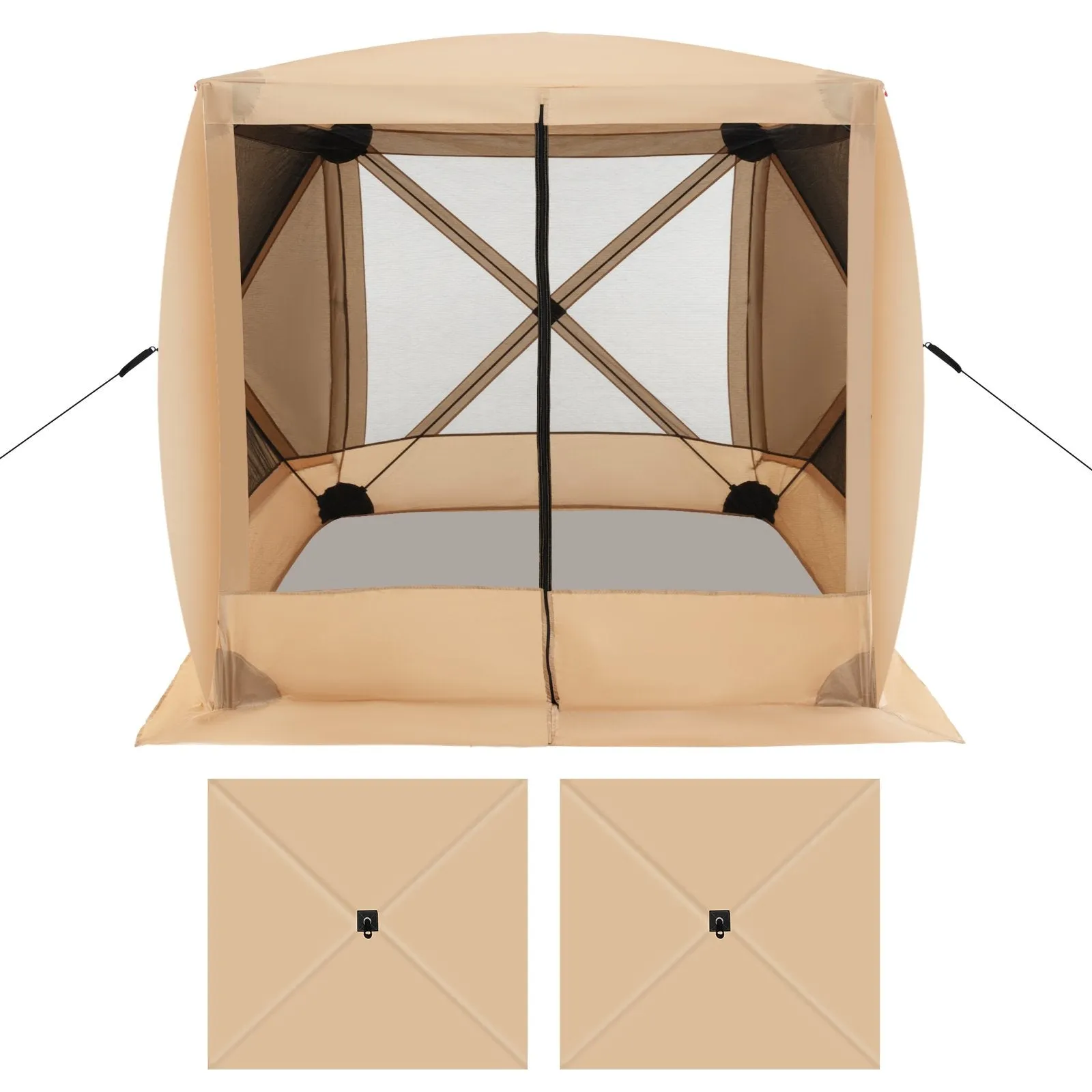 225 cm x 225 cm 4-Panel Pop up Camping Gazebo with Sunshade Cloths-Brown