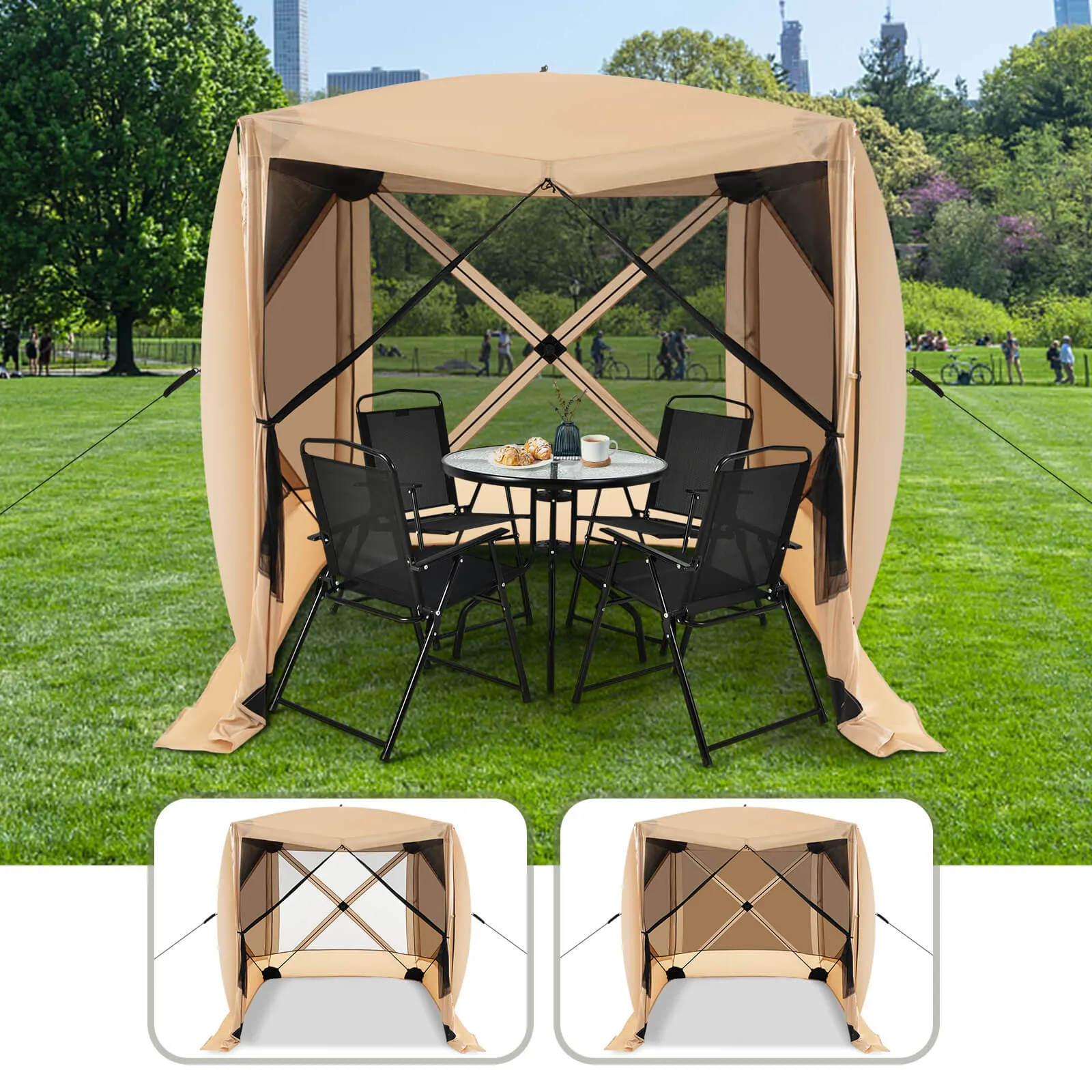 225 cm x 225 cm 4-Panel Pop up Camping Gazebo with Sunshade Cloths-Brown