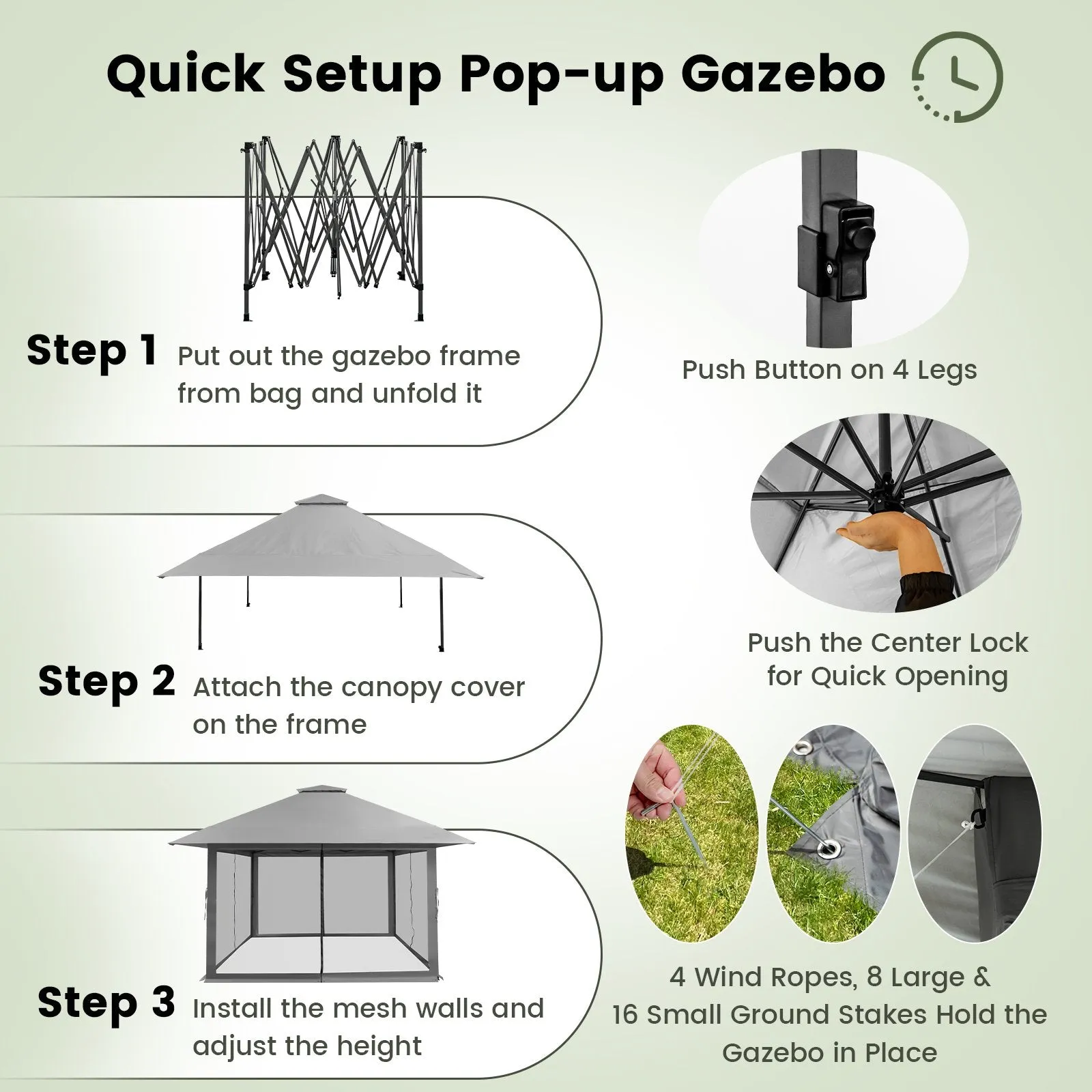 4 x 4m Pop-up Gazebo with Mesh Sidewalls and Adjustable Height-Grey