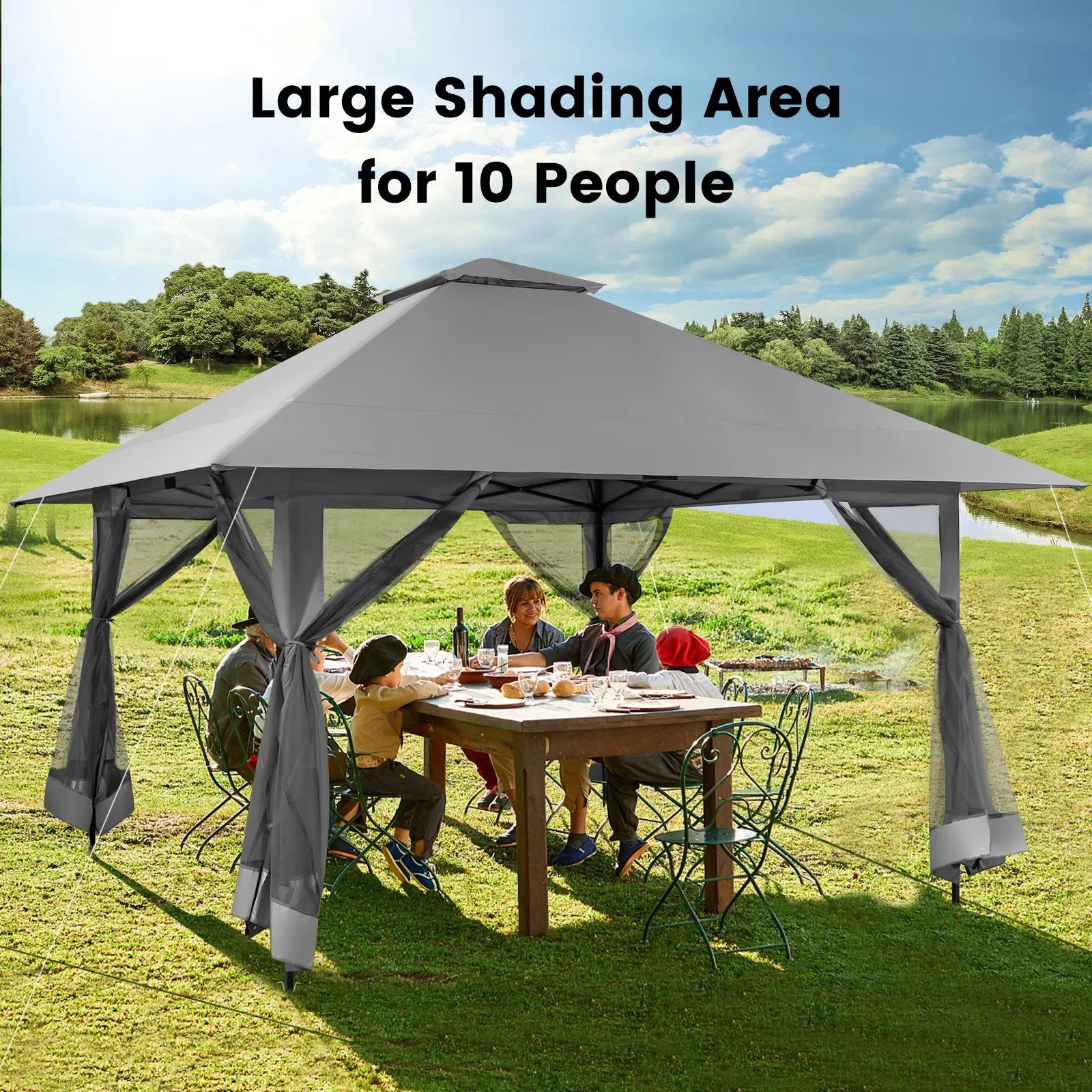 4 x 4m Pop-up Gazebo with Mesh Sidewalls and Adjustable Height-Grey