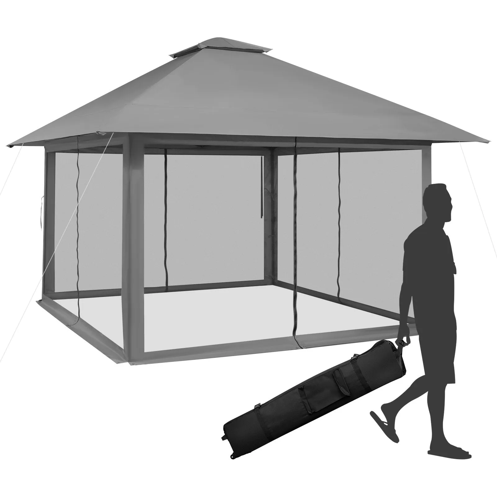 4 x 4m Pop-up Gazebo with Mesh Sidewalls and Adjustable Height-Grey