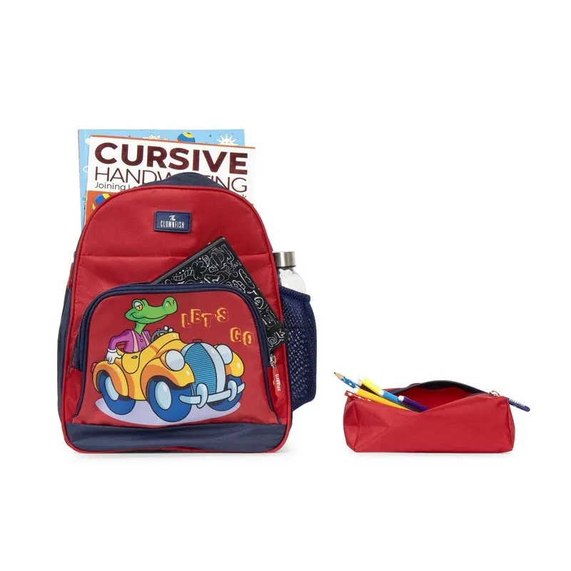 Casual Backpack - Fun & Durable Design | Pencil Pouch Included | 12 Litres | Red - Car
