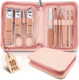 Compact 10-Piece Travel Manicure Set - Pink Stainless Steel Nail Clippers and Pedicure Kit for Women