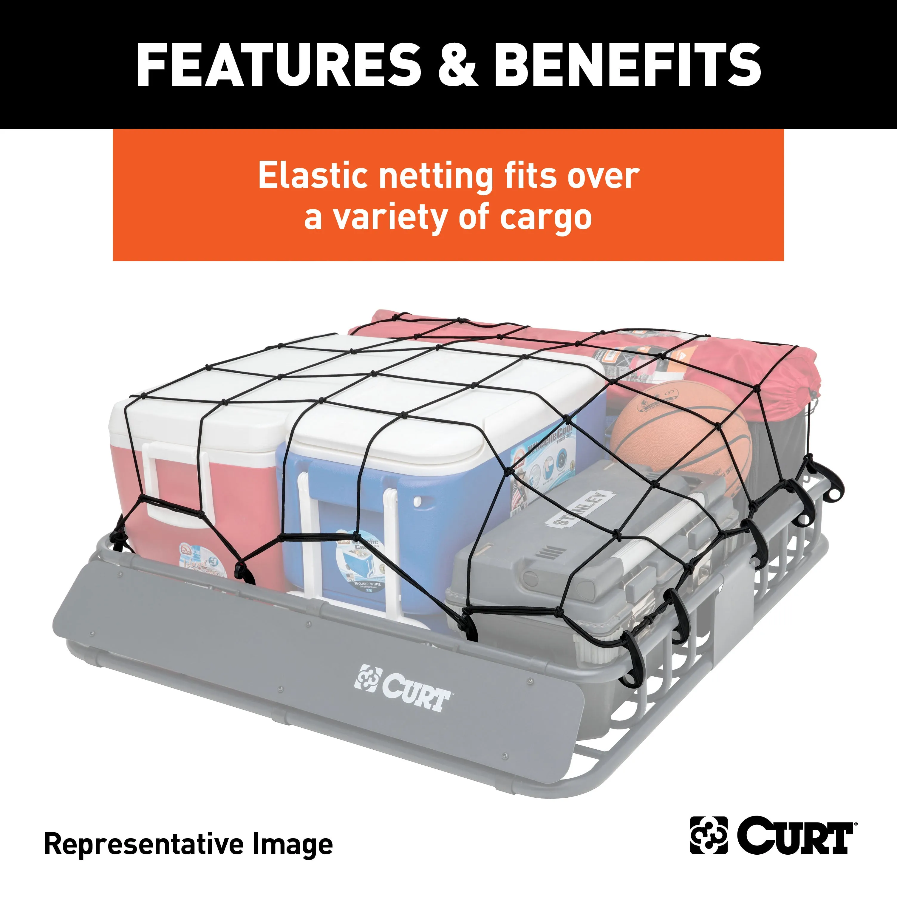 CURT 18201 CURT 18201 65 x 38-Inch Elastic Cargo Net with Hooks for Roof Basket
