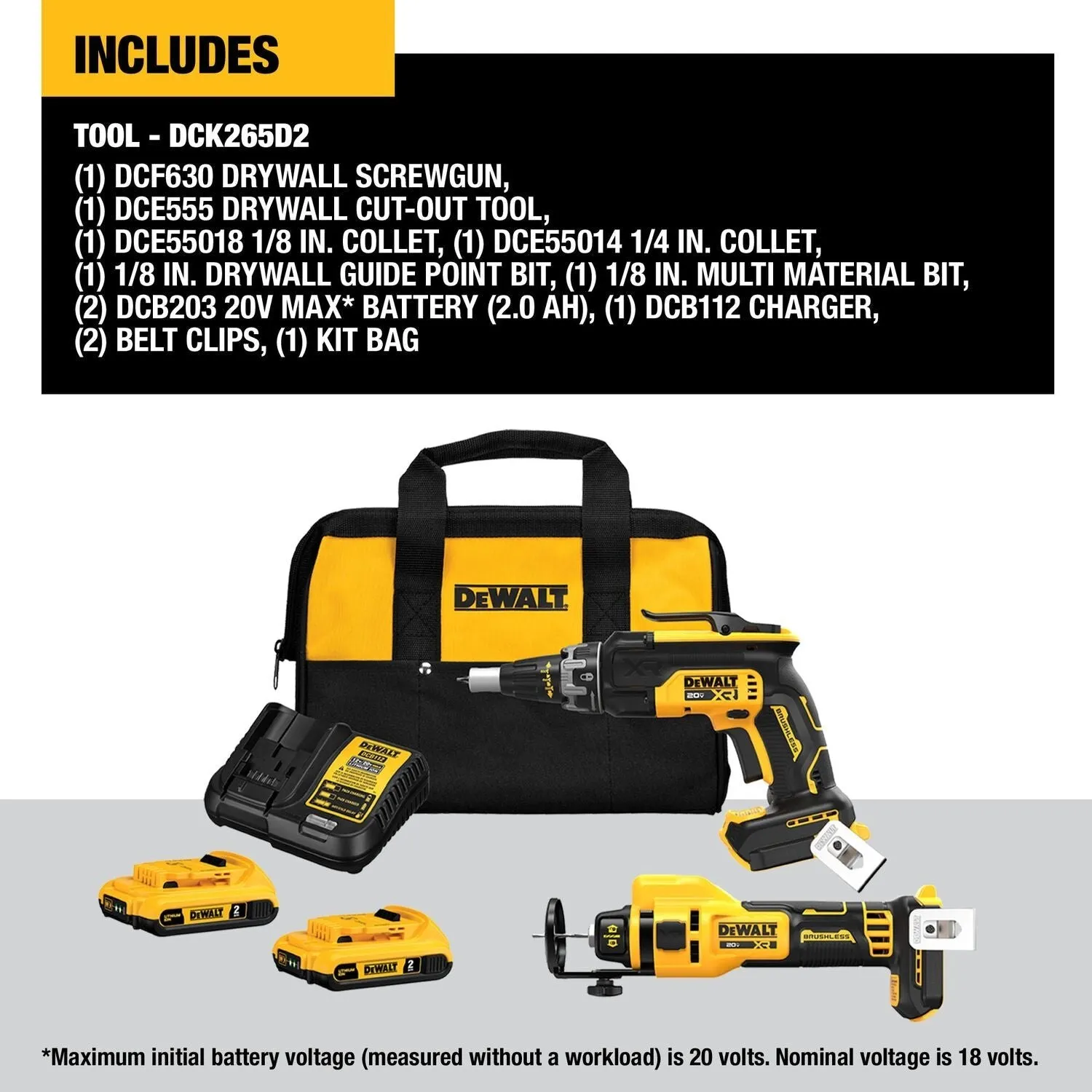 Dewalt DCK265D2 - 20V MAX* XR® Brushless Drywall Screwgun and Cut-Out Tool Combo Kit (2.0Ah)