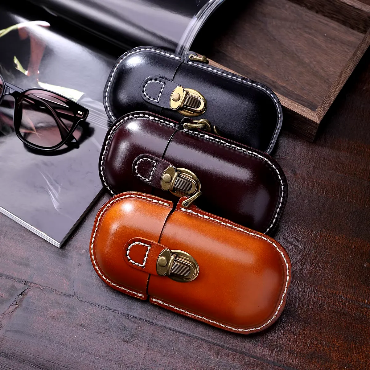 Handmade Cowhide Leather Eyeglass Case - Durable Hard Shell Protection