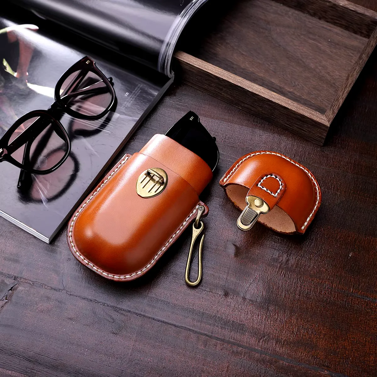 Handmade Cowhide Leather Eyeglass Case - Durable Hard Shell Protection
