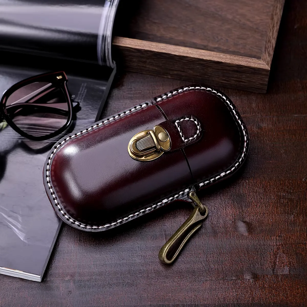 Handmade Cowhide Leather Eyeglass Case - Durable Hard Shell Protection