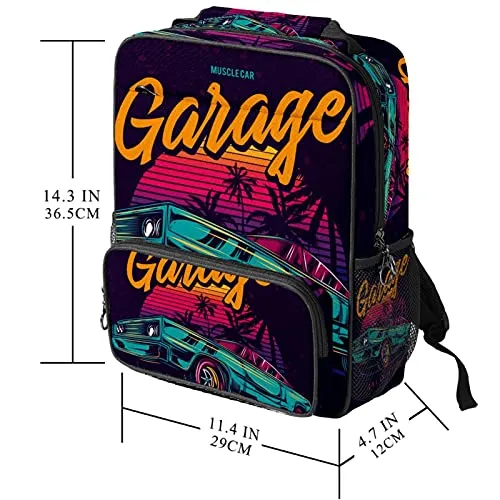 LORVIES American Muscle Car in Retro Neon Style Painting School Bag for Student Bookbag Women Travel Backpack Casual Daypack Travel Hiking Camping