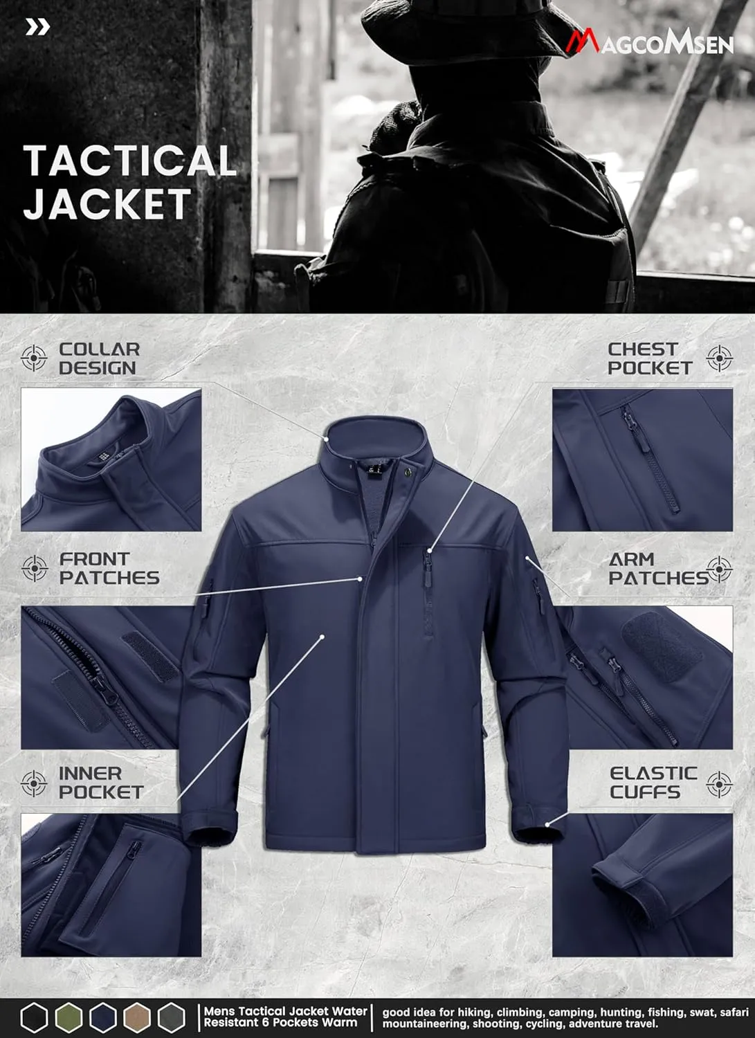 MAGCOMSEN Men's Tactical Jacket Water Resistant 6 Pockets Softshell Fleece Lining Hiking Winter Jacket Windbreaker Outwear