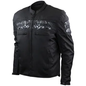 Mens Black Embroidered Reflective Skull CE Armored Textile Biker Motorcycle Jacket