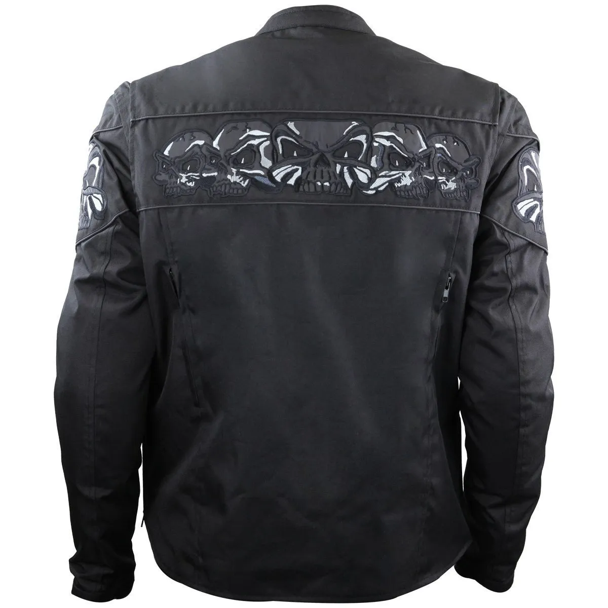 Mens Black Embroidered Reflective Skull CE Armored Textile Biker Motorcycle Jacket