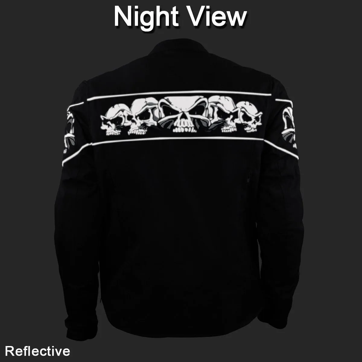 Mens Black Embroidered Reflective Skull CE Armored Textile Biker Motorcycle Jacket