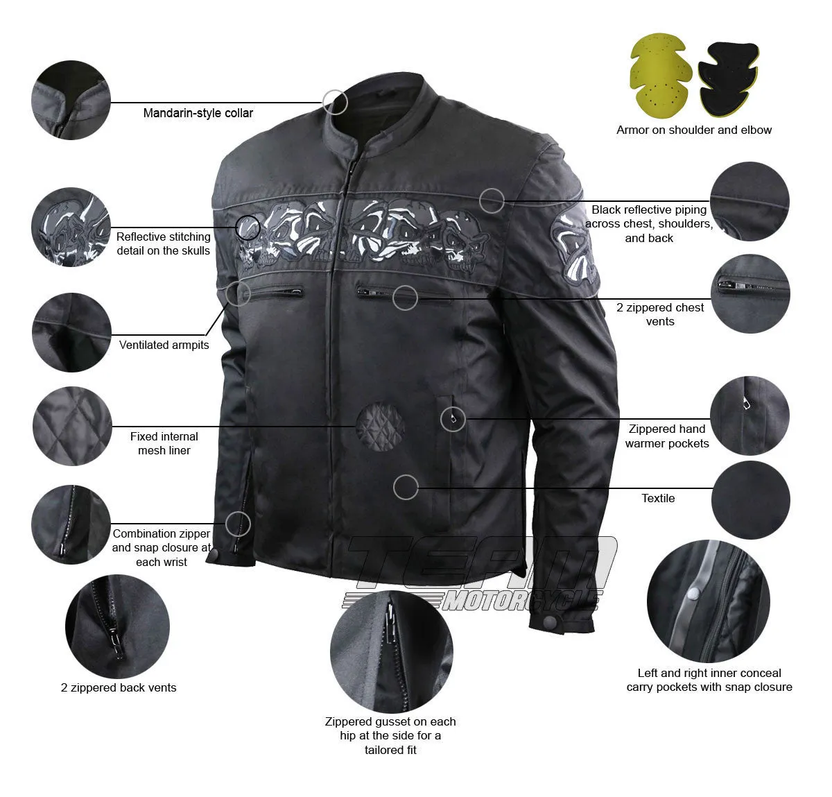 Mens Black Embroidered Reflective Skull CE Armored Textile Biker Motorcycle Jacket