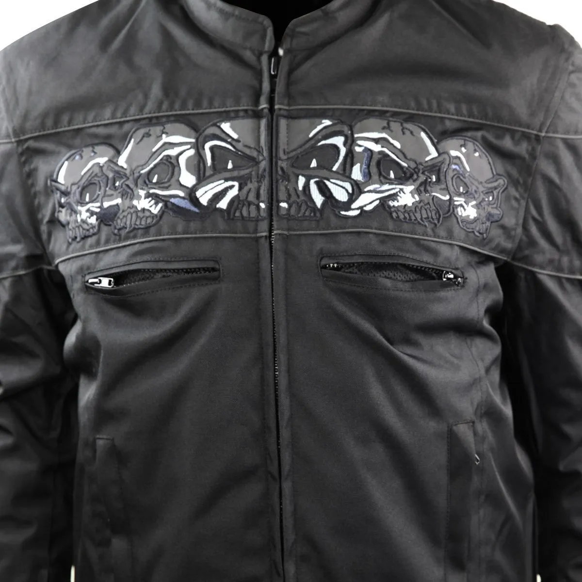 Mens Black Embroidered Reflective Skull CE Armored Textile Biker Motorcycle Jacket