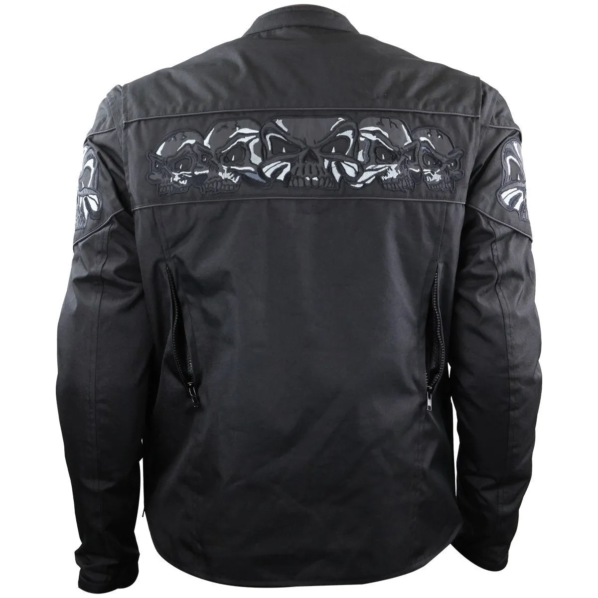 Mens Black Embroidered Reflective Skull CE Armored Textile Biker Motorcycle Jacket