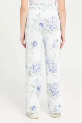Senior Girls White Floral Wideleg Active Pants