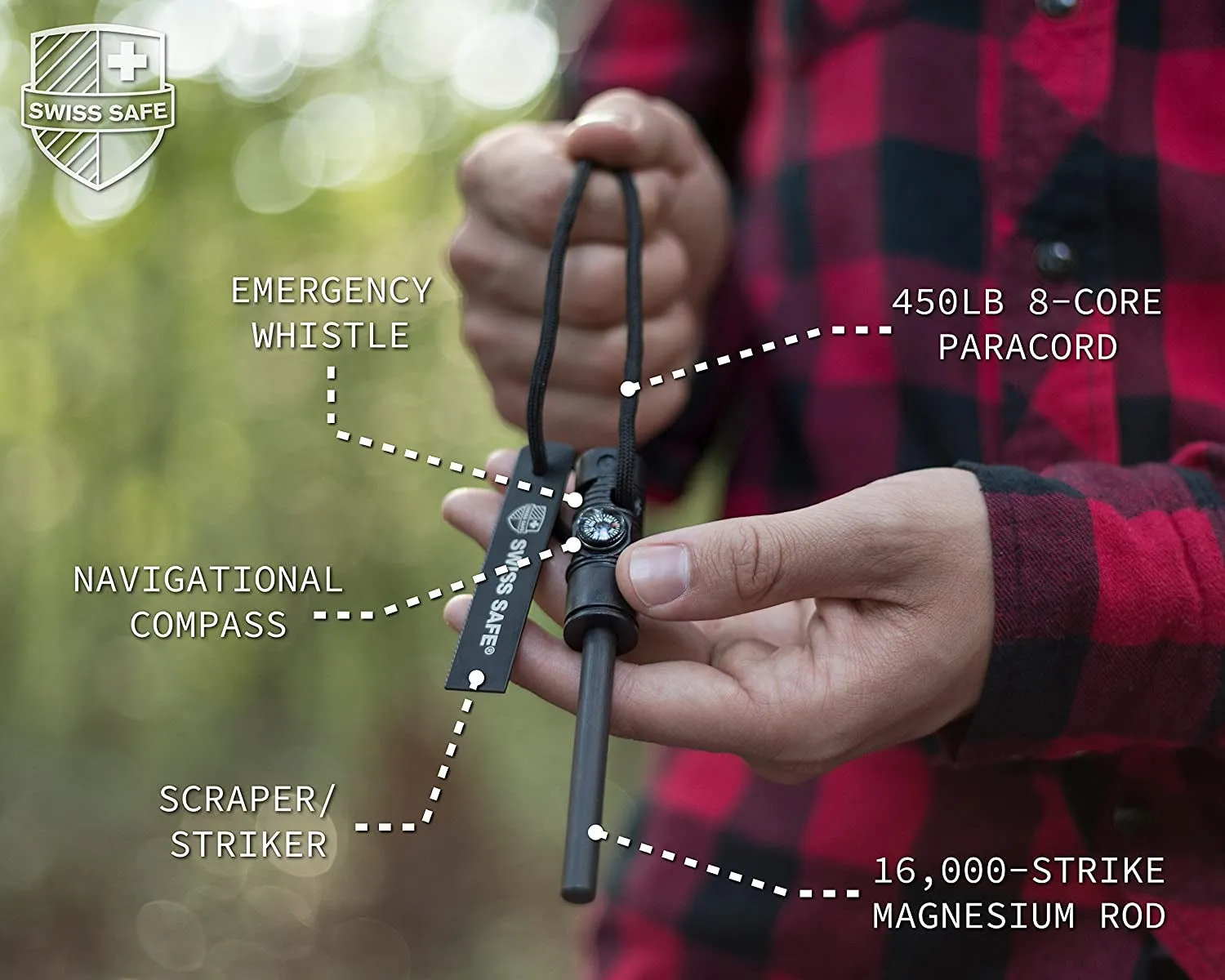 Swiss Safe 5-In-1 Fire Starter with Compass, Paracord and Whistle (2-Pack) for Emergency Survival Kits, Camping, Hiking, All-Weather Magnesium Ferro Rod