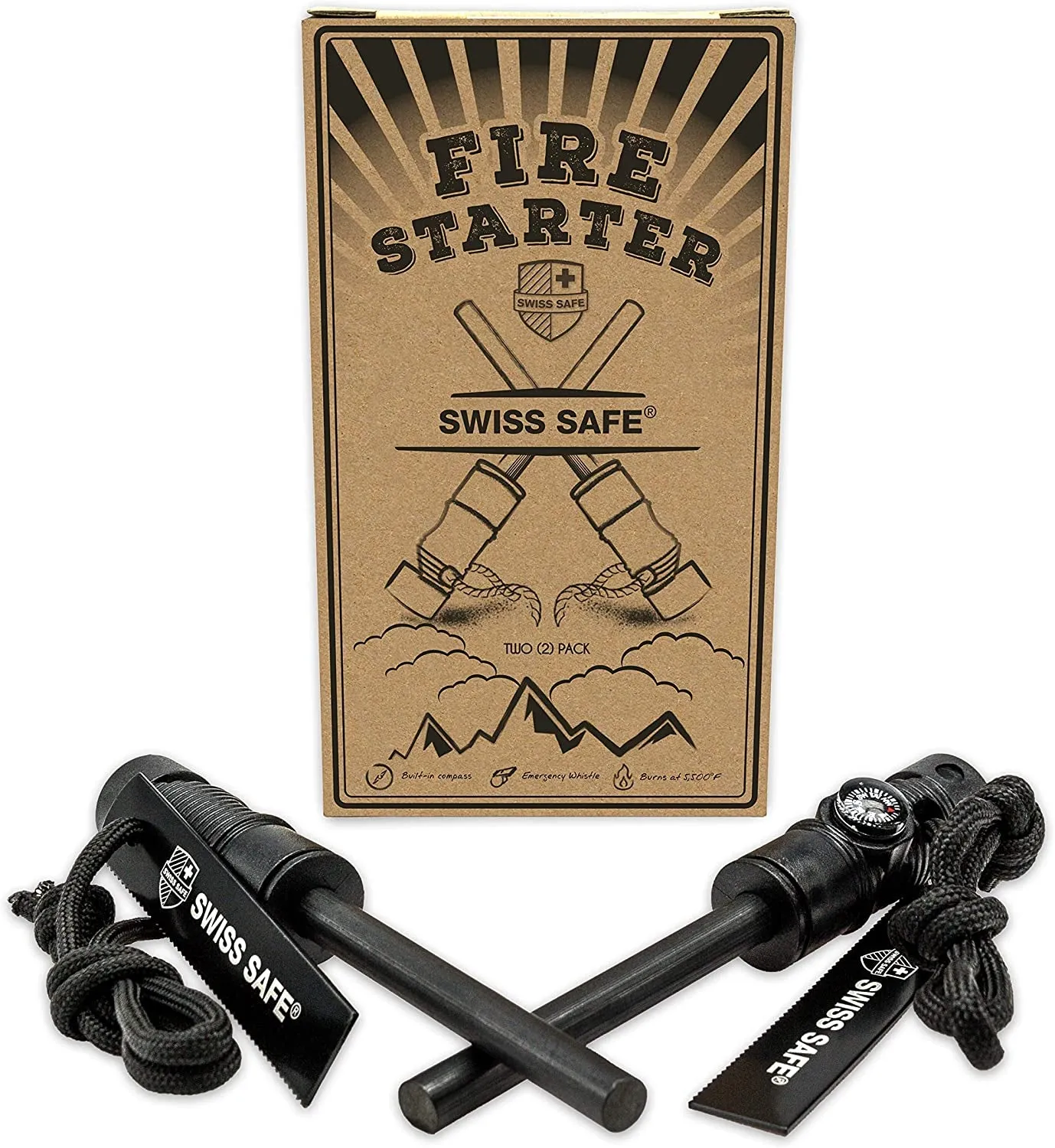 Swiss Safe 5-In-1 Fire Starter with Compass, Paracord and Whistle (2-Pack) for Emergency Survival Kits, Camping, Hiking, All-Weather Magnesium Ferro Rod