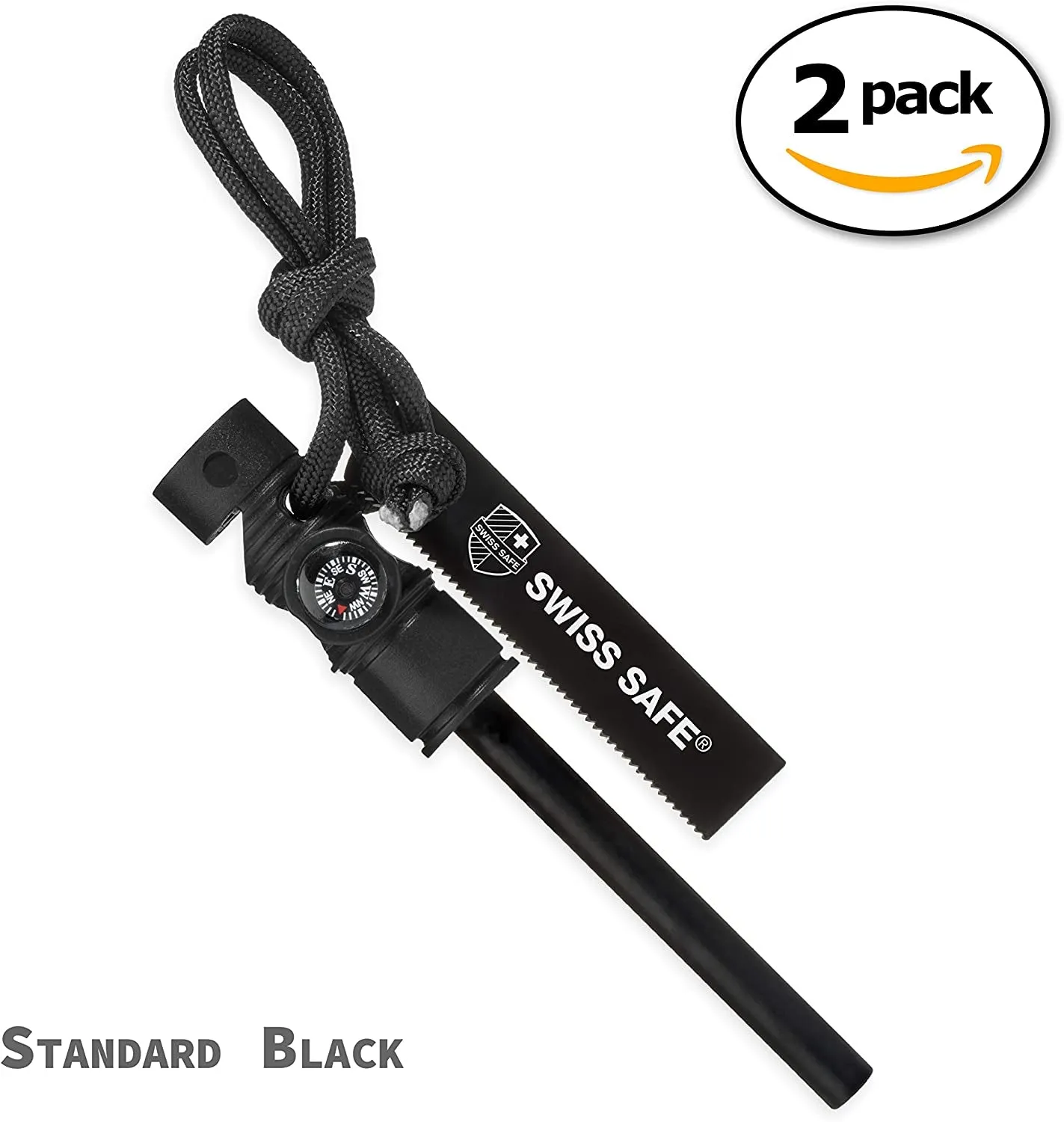 Swiss Safe 5-In-1 Fire Starter with Compass, Paracord and Whistle (2-Pack) for Emergency Survival Kits, Camping, Hiking, All-Weather Magnesium Ferro Rod