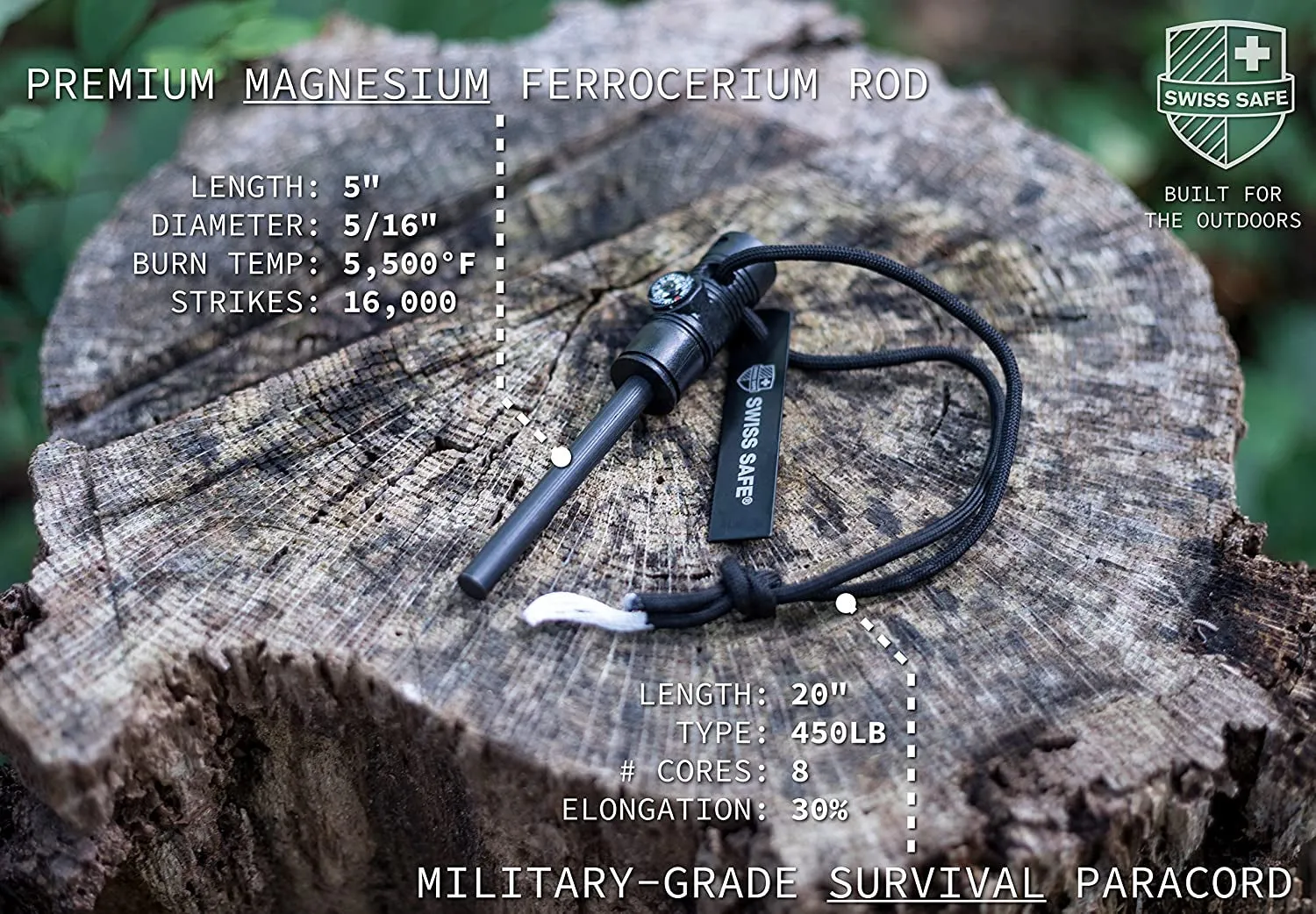 Swiss Safe 5-In-1 Fire Starter with Compass, Paracord and Whistle (2-Pack) for Emergency Survival Kits, Camping, Hiking, All-Weather Magnesium Ferro Rod