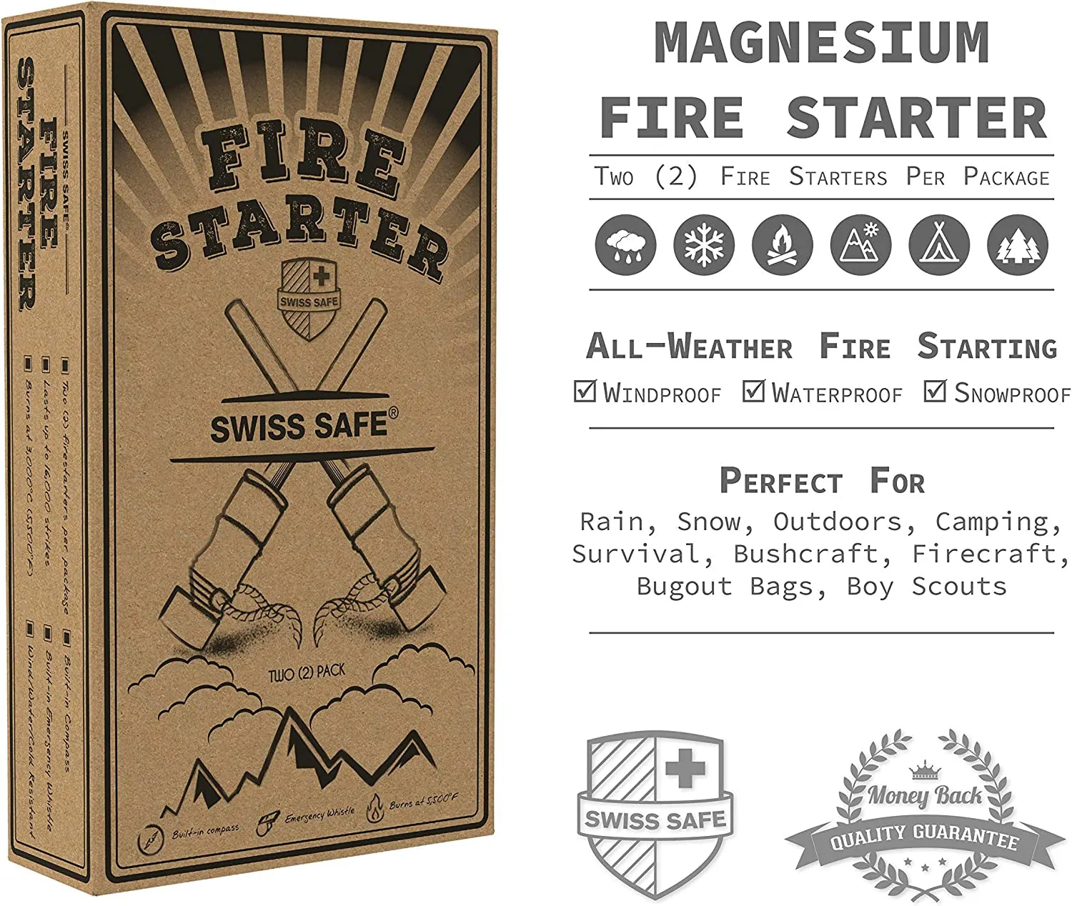Swiss Safe 5-In-1 Fire Starter with Compass, Paracord and Whistle (2-Pack) for Emergency Survival Kits, Camping, Hiking, All-Weather Magnesium Ferro Rod