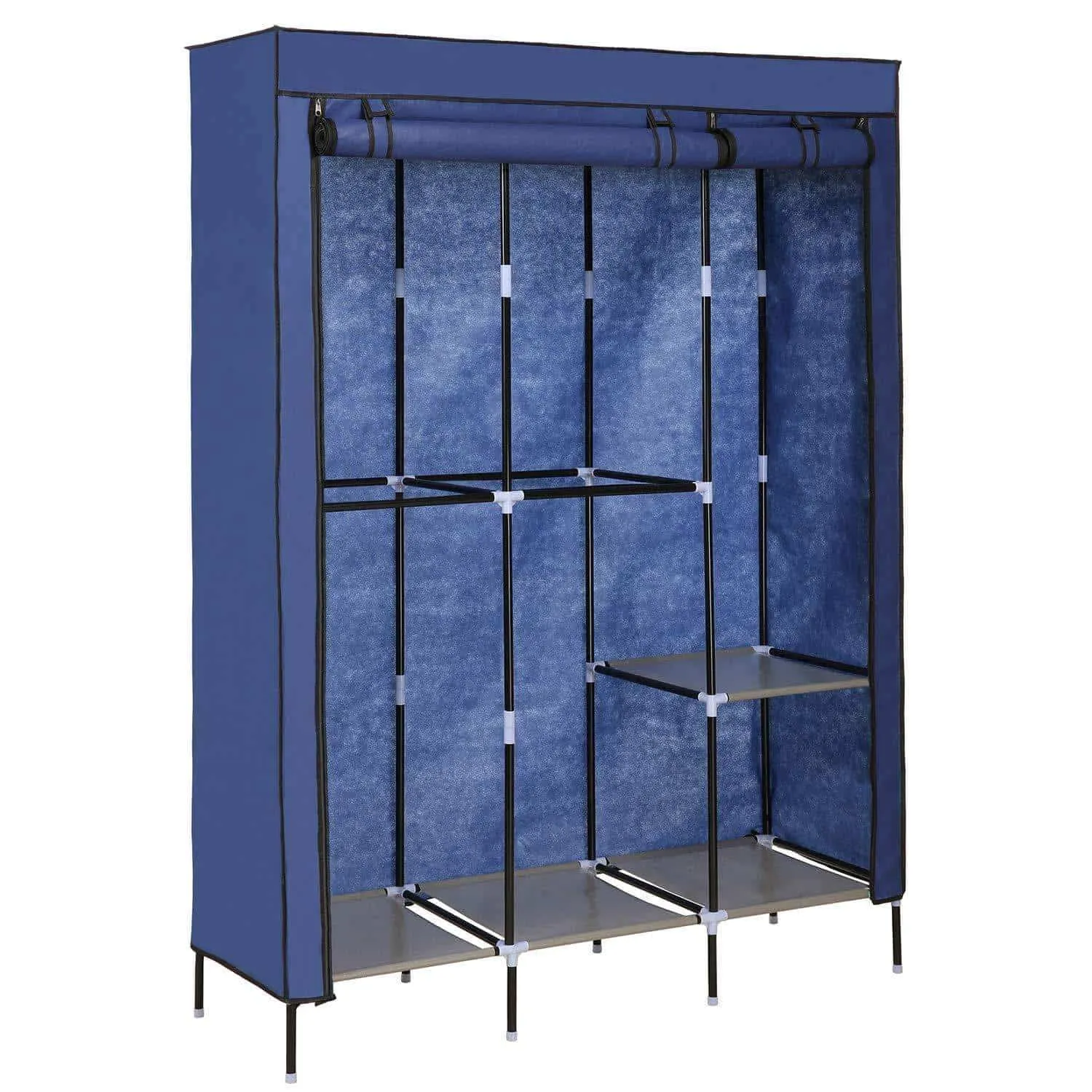 Yiilove Stylish Wardrobe Storage Portable Clothes Closet Organizer with Rollable Wardrobe Curtain for Bedroom to Storage Clothes & Shoes (Blue)
