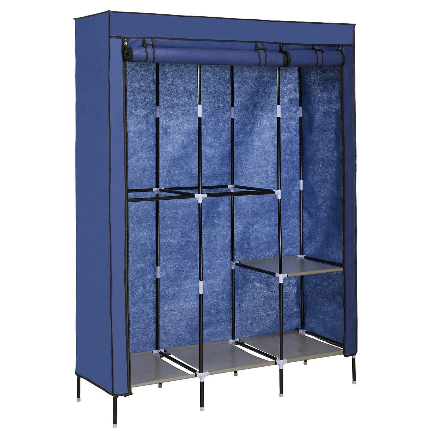 Yiilove Stylish Wardrobe Storage Portable Clothes Closet Organizer with Rollable Wardrobe Curtain for Bedroom to Storage Clothes & Shoes (Blue)